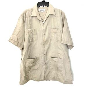Giovanni Uomo Shirt 100% Linen Tan Khaki Button Vacation Casual Pockets Size L